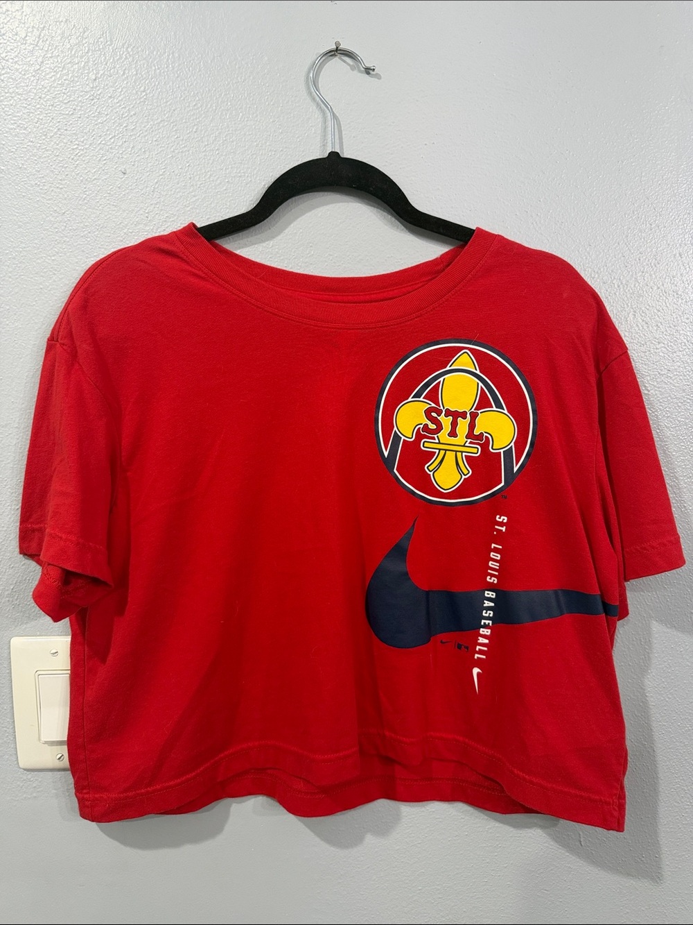 Nike Red St. Louis Cardinals STL Fleur-de-lis Crop Tee with Navy Swoosh